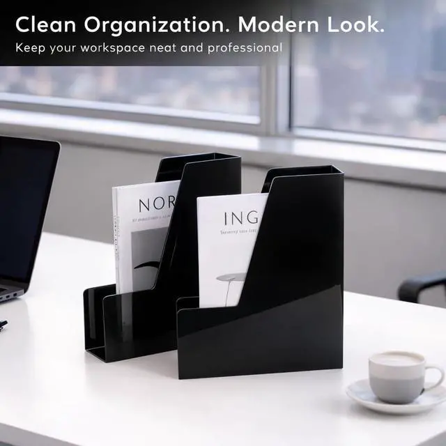 Alt view image 5 of 7 - Vertical Magazine File Holder, Desk Organizer and Storage for Magazines, Binders, Notebooks, Envelopes, Multi-Purpose Desktop File Organizer for Home, Office & Classroom, 4 Pack, Black