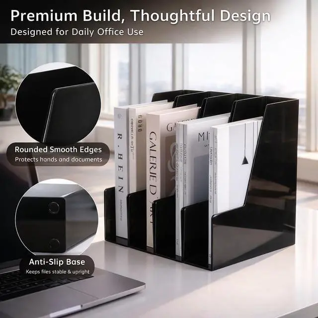 Alt view image 3 of 7 - Vertical Magazine File Holder, Desk Organizer and Storage for Magazines, Binders, Notebooks, Envelopes, Multi-Purpose Desktop File Organizer for Home, Office & Classroom, 4 Pack, Black