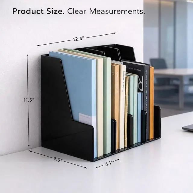 Alt view image 2 of 7 - Vertical Magazine File Holder, Desk Organizer and Storage for Magazines, Binders, Notebooks, Envelopes, Multi-Purpose Desktop File Organizer for Home, Office & Classroom, 4 Pack, Black