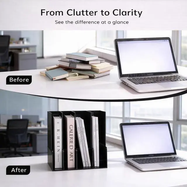Alt view image 7 of 7 - Vertical Magazine File Holder, Desk Organizer and Storage for Magazines, Binders, Notebooks, Envelopes, Multi-Purpose Desktop File Organizer for Home, Office & Classroom, 4 Pack, Black
