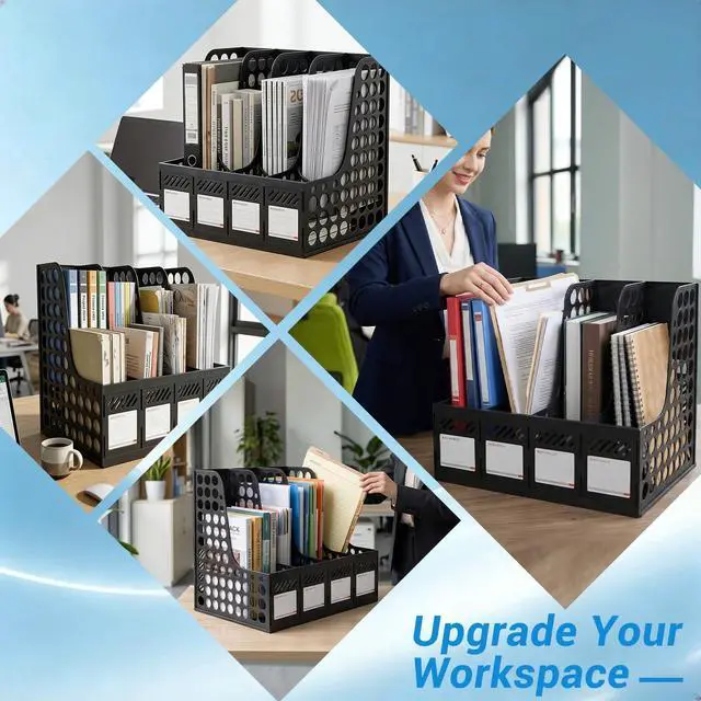 Alt view image 7 of 7 - Plastic Magazine File Holder & Desk Organizer, 4 Vertical Compartments File Folder Organizer for Office Classroom Organization, Coloring Book Storage with Sturdy Binder Accessories(Black)