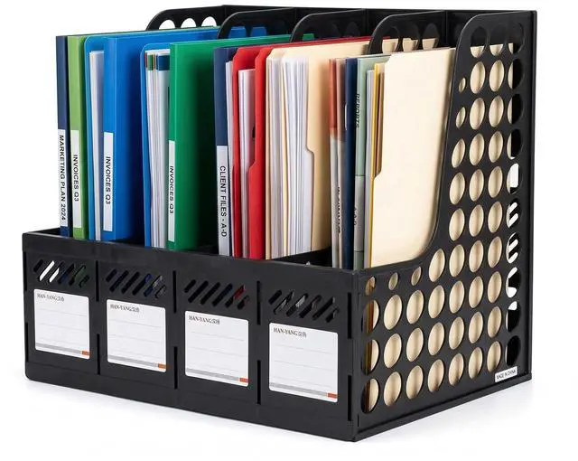 Main image of Plastic Magazine File Holder & Desk Organizer, 4 Vertical Compartments File Folder Organizer for Office Classroom Organization, Coloring Book Storage with Sturdy Binder Accessories(Black)