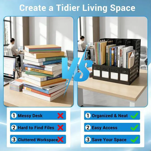 Alt view image 3 of 7 - Plastic Magazine File Holder & Desk Organizer, 4 Vertical Compartments File Folder Organizer for Office Classroom Organization, Coloring Book Storage with Sturdy Binder Accessories(Black)