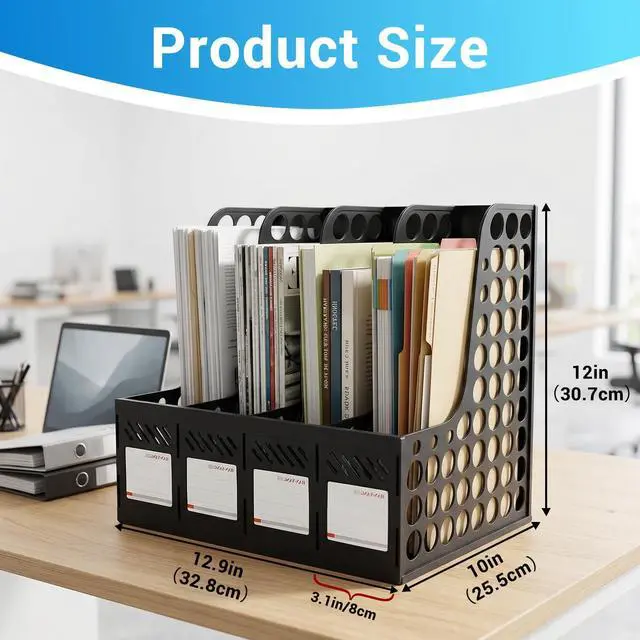 Alt view image 2 of 7 - Plastic Magazine File Holder & Desk Organizer, 4 Vertical Compartments File Folder Organizer for Office Classroom Organization, Coloring Book Storage with Sturdy Binder Accessories(Black)