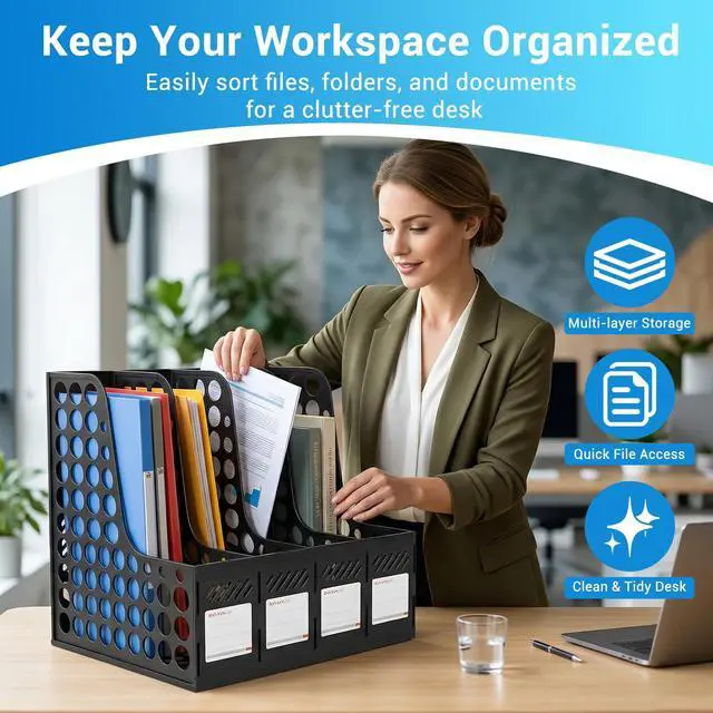 Alt view image 4 of 7 - Plastic Magazine File Holder & Desk Organizer, 4 Vertical Compartments File Folder Organizer for Office Classroom Organization, Coloring Book Storage with Sturdy Binder Accessories(Black)