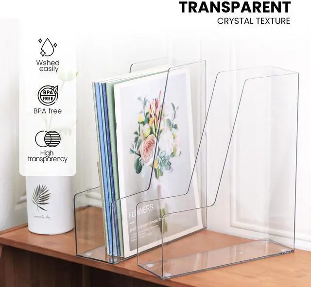 Alt view image 6 of 7 - Vertical Magazine File Holder, Clear File Organizer Desk Organizer and Storage Bins Holding for Magazines, Binders, Notebooks, Envelopes, Plastic Office Organization and Storage for Desk, 4 pack
