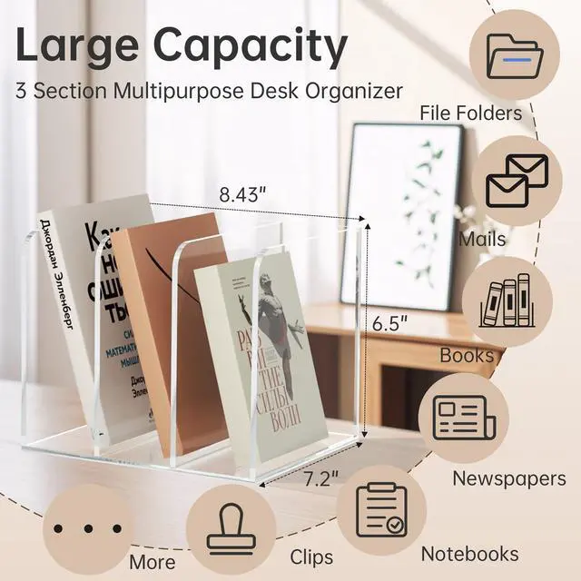 Alt view image 2 of 7 - Acrylic Desk Organizer Book Organizer, Magazine File Holder, Vertical File Organizer Stand File Folder Holder, Mail Organizer Countertop Mail Sorter File Sorter, Clear Book Ends Book Holder