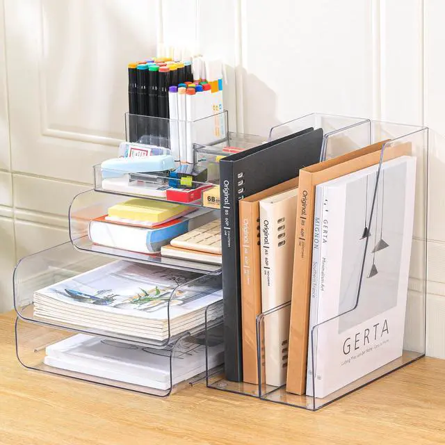 Main image of Desk Organizer with 2 Vertical File Holder, 4 Tier Stackable Paper Letter Tray File Organizer with 5-Compartments Pen Holder, Clear Desktop Organizer Office Organization and Storage