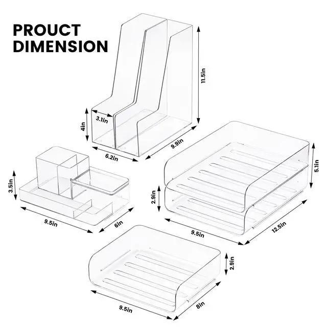 Alt view image 2 of 7 - Desk Organizer with 2 Vertical File Holder, 4 Tier Stackable Paper Letter Tray File Organizer with 5-Compartments Pen Holder, Clear Desktop Organizer Office Organization and Storage