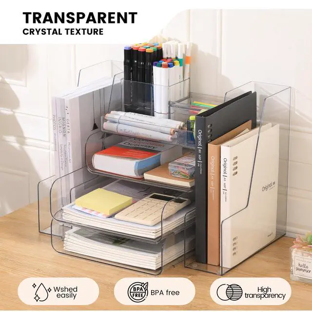 Alt view image 3 of 7 - Desk Organizer with 2 Vertical File Holder, 4 Tier Stackable Paper Letter Tray File Organizer with 5-Compartments Pen Holder, Clear Desktop Organizer Office Organization and Storage