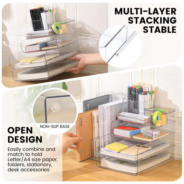Alt view image 4 of 7 - Desk Organizer with 2 Vertical File Holder, 4 Tier Stackable Paper Letter Tray File Organizer with 5-Compartments Pen Holder, Clear Desktop Organizer Office Organization and Storage