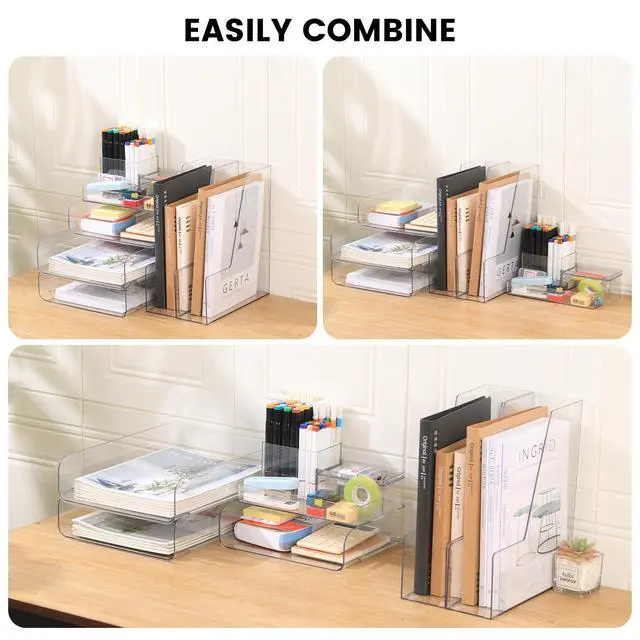Alt view image 6 of 7 - Desk Organizer with 2 Vertical File Holder, 4 Tier Stackable Paper Letter Tray File Organizer with 5-Compartments Pen Holder, Clear Desktop Organizer Office Organization and Storage