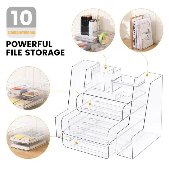 Alt view image 5 of 7 - Desk Organizer with 2 Vertical File Holder, 4 Tier Stackable Paper Letter Tray File Organizer with 5-Compartments Pen Holder, Clear Desktop Organizer Office Organization and Storage