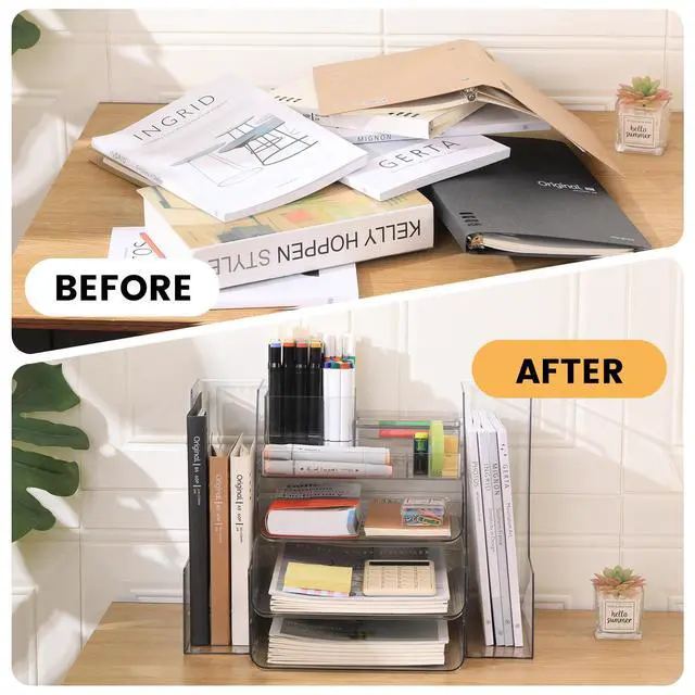 Alt view image 7 of 7 - Desk Organizer with 2 Vertical File Holder, 4 Tier Stackable Paper Letter Tray File Organizer with 5-Compartments Pen Holder, Clear Desktop Organizer Office Organization and Storage