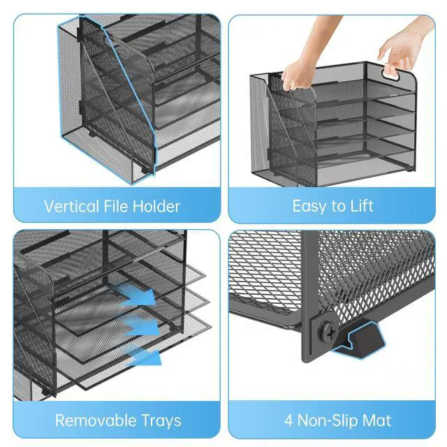 Alt view image 3 of 6 - 5-Tier Desk Organizer with File Holder, Desk Organizers and Accessories, Paper Organizer for Desk, Mesh Desktop File Organizer, Workspace Organizers for Office School Home, Black