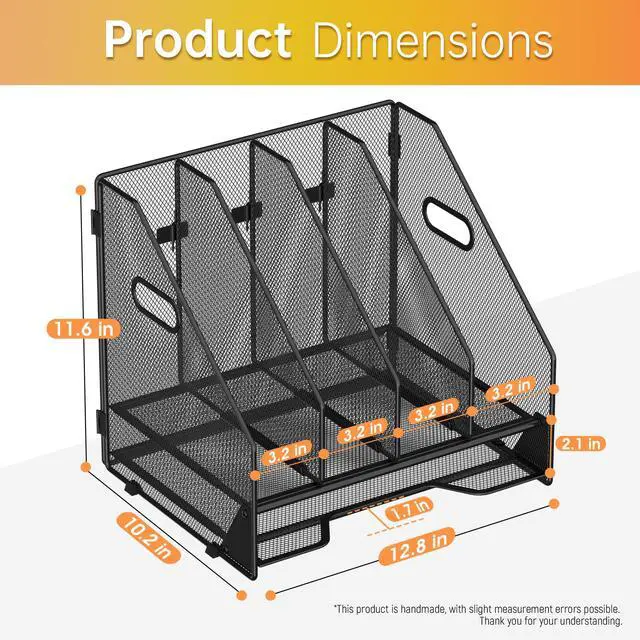 Alt view image 3 of 6 - Desk File Holder Sorter, 4 Vertical Compartments Rack with Letter Tray, Mesh Magazine File Holder with Handle,Workspace Organizers,Desk Organizers for Paper, Mail, Documents-Black
