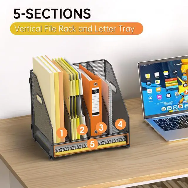 Alt view image 5 of 6 - Desk File Holder Sorter, 4 Vertical Compartments Rack with Letter Tray, Mesh Magazine File Holder with Handle,Workspace Organizers,Desk Organizers for Paper, Mail, Documents-Black