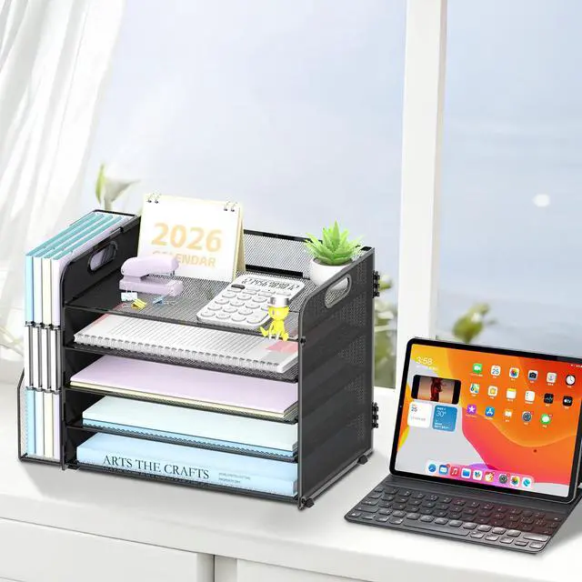 Alt view image 4 of 6 - 5-Tier Desk Organizer with File Holder, Desk Organizers and Accessories, Paper Organizer for Desk, Mesh Desktop File Organizer, Workspace Organizers for Office School Home, Black