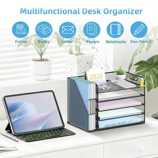Alt view image 6 of 6 - 5-Tier Desk Organizer with File Holder, Desk Organizers and Accessories, Paper Organizer for Desk, Mesh Desktop File Organizer, Workspace Organizers for Office School Home, Black