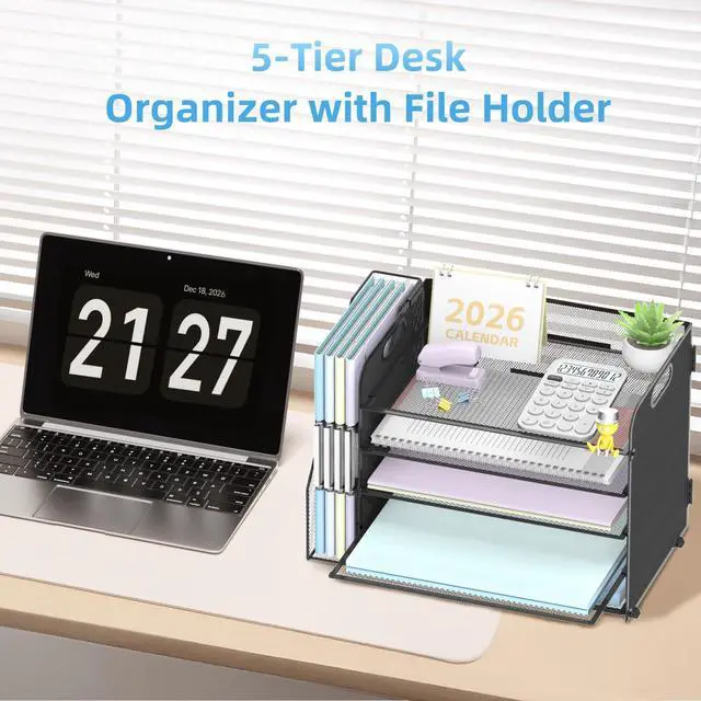 Alt view image 5 of 6 - 5-Tier Desk Organizer with File Holder, Desk Organizers and Accessories, Paper Organizer for Desk, Mesh Desktop File Organizer, Workspace Organizers for Office School Home, Black