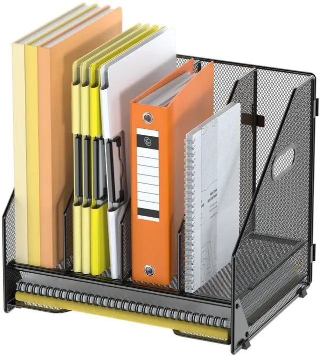 Main image of Desk File Holder Sorter, 4 Vertical Compartments Rack with Letter Tray, Mesh Magazine File Holder with Handle,Workspace Organizers,Desk Organizers for Paper, Mail, Documents-Black