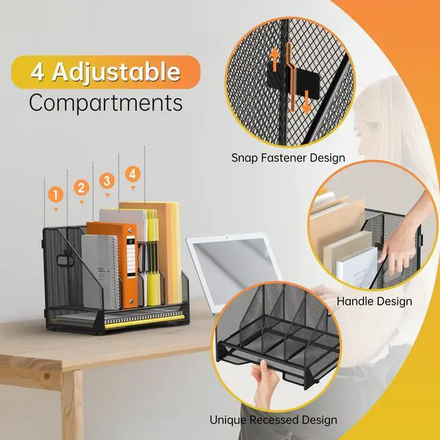 Alt view image 4 of 6 - Desk File Holder Sorter, 4 Vertical Compartments Rack with Letter Tray, Mesh Magazine File Holder with Handle,Workspace Organizers,Desk Organizers for Paper, Mail, Documents-Black