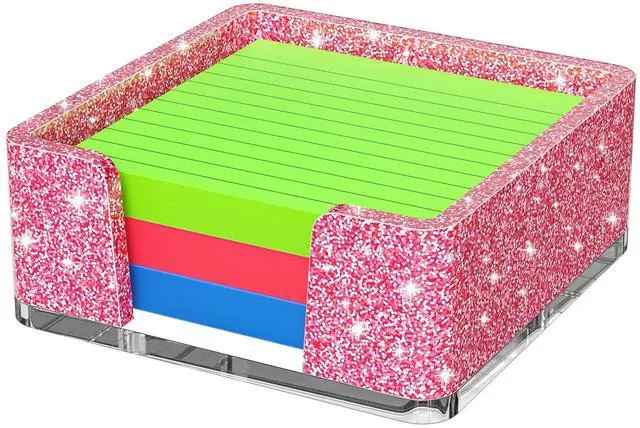 Main image of Sticky Note Holder, Glitter Pink Acrylic Notepad Holder 3x3 in Self-Stick Note Dispenser Office Desk Accessories, Memo Pad Holder Organizer for Classroom School Supplies