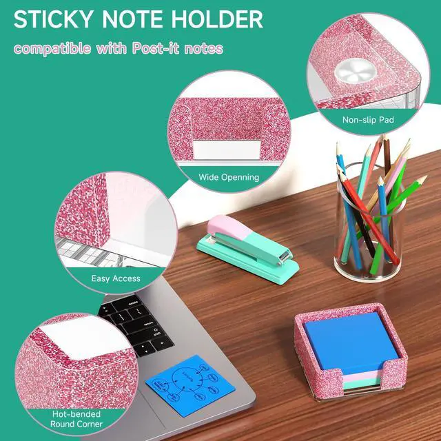 Alt view image 4 of 7 - Sticky Note Holder, Glitter Pink Acrylic Notepad Holder 3x3 in Self-Stick Note Dispenser Office Desk Accessories, Memo Pad Holder Organizer for Classroom School Supplies