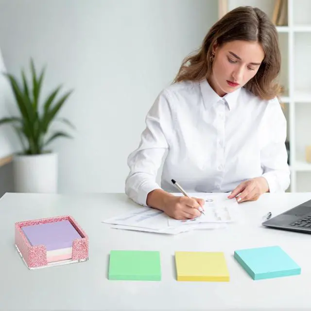 Alt view image 3 of 7 - Sticky Note Holder, Glitter Pink Acrylic Notepad Holder 3x3 in Self-Stick Note Dispenser Office Desk Accessories, Memo Pad Holder Organizer for Classroom School Supplies