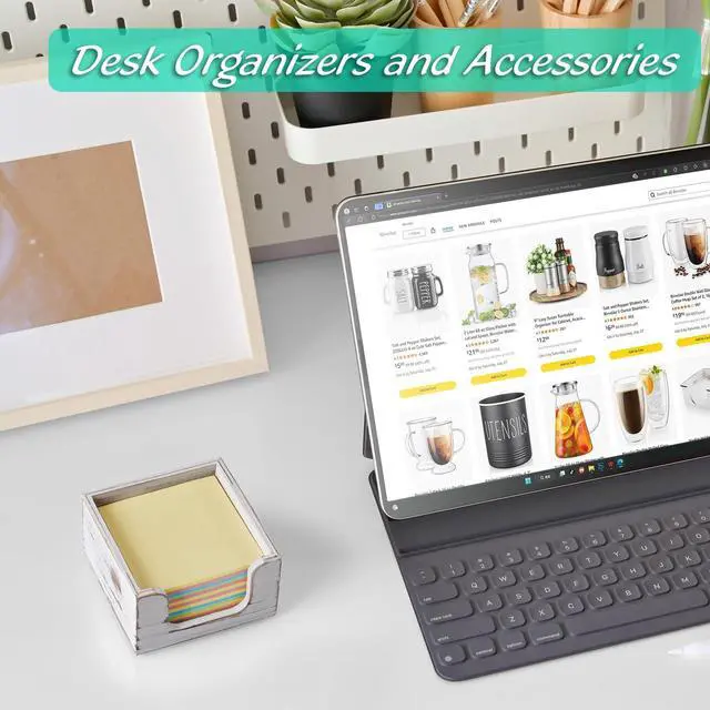 Alt view image 3 of 7 - Wood Sticky Note Holder, White Washed 3 x 3 Inch Post It Note Dispenser for Office Desk Accessories, Self Stick Note Pad Holder, Memo Pad Holder Dispenser Organizer for School Office Desk Supplies