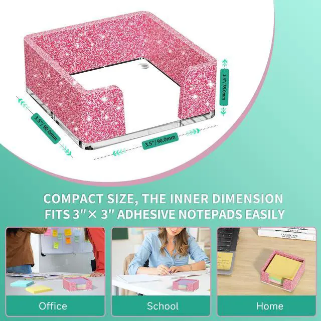 Alt view image 5 of 7 - Sticky Note Holder, Glitter Pink Acrylic Notepad Holder 3x3 in Self-Stick Note Dispenser Office Desk Accessories, Memo Pad Holder Organizer for Classroom School Supplies