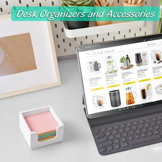 Alt view image 3 of 7 - Wood Sticky Note Holder, 3 x 3 Inch Post It Note Dispenser for Office Desk Accessories, Self Stick Note Pad Holder, Memo Pad Holder Dispenser Organizer for School Office Desk Supplies, White