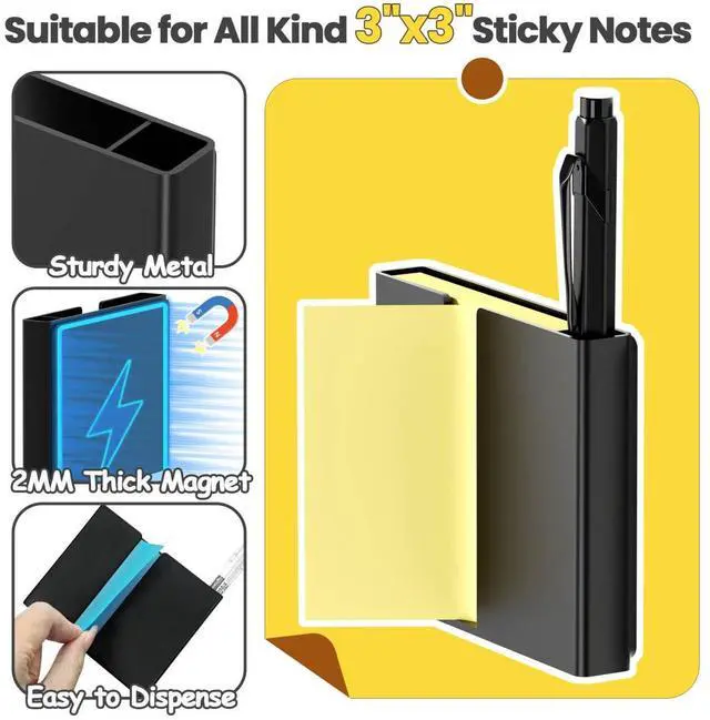 Alt view image 4 of 7 - Sticky Note Dispenser, Magnetic Sticky Note Holder for Post It Notes, 3 x 3 Inch Sticky Note Pen Organizer for Office Home Classroom, Black