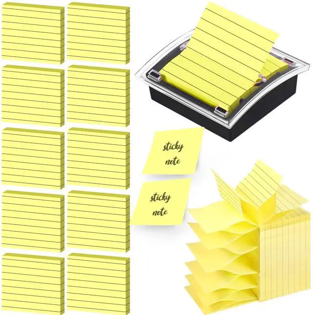 Main image of 10 Pads Pop up Sticky Notes with 1 Pack Pop up Note Dispenser Note Holder Black Base Clear Top Self Stick Memo Ruled Adhesive Notes 3x3 Ruled Memo Pads Refills 100 Sheet/pad