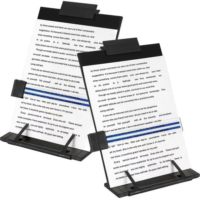 Main image of 2 Pack Desktop Document Holder Stand with 7 Adjustable Position, Black Metal File Organizer Copyholder for Typing Speech Reading A4 Letter Music Book Tablet Office, with Paper Clip Line Guide