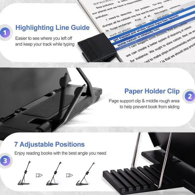 Alt view image 3 of 7 - Desktop Document Holder Stand with 7 Adjustable Positions, Black Metal File Organizer Management Copyholder for Typing Speech Reading A4 Letter Music Book Tablet Office, with Paper Clip and Line Guide