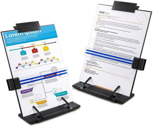 Main image of 2 Pack Desktop Document Holder with Adjustable Clip and Line Guide, Portable Document Book Holder - Copy Holder for Letter, Legal A4 Documents, Up to 150 Sheets, Black