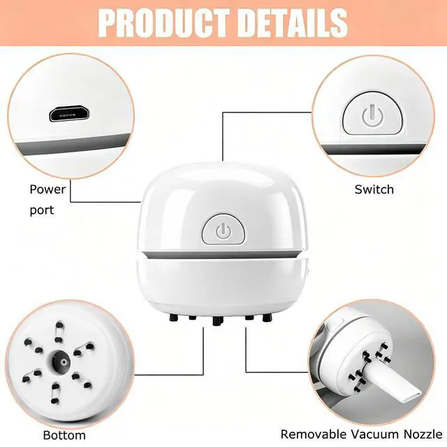 Alt view image 6 of 7 - Desktop Vacuum Cleaner USB Recharging, Portable Mini Vacuum Cleaner for Cleaning Eraser Crumbs, Dust, Crumbs, Computer Keyboard and Car (White)
