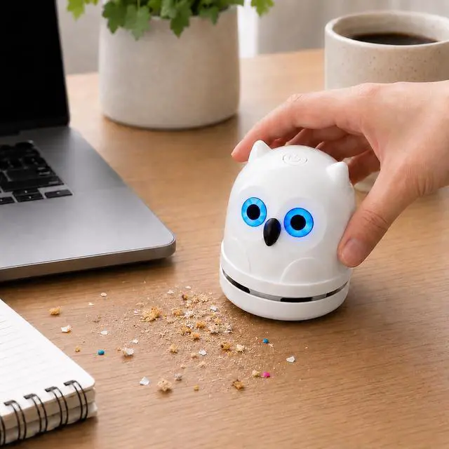 Alt view image 2 of 7 - Mini Desktop Vacuum Cleaner Owl Desk Vacuum Cleaner Cute Desk Vacuum Sweeper for Cleaning Eraser Waste, Crumbs, Hair, Paper Scraps on Computer Piano Keyboard Countertop Car
