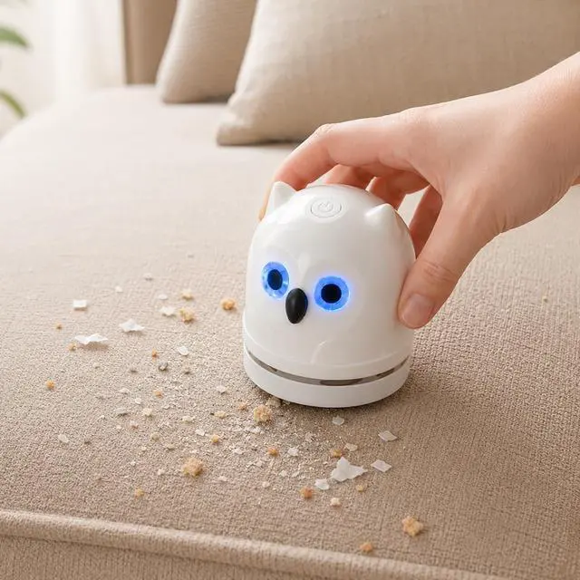 Alt view image 7 of 7 - Mini Desktop Vacuum Cleaner Owl Desk Vacuum Cleaner Cute Desk Vacuum Sweeper for Cleaning Eraser Waste, Crumbs, Hair, Paper Scraps on Computer Piano Keyboard Countertop Car