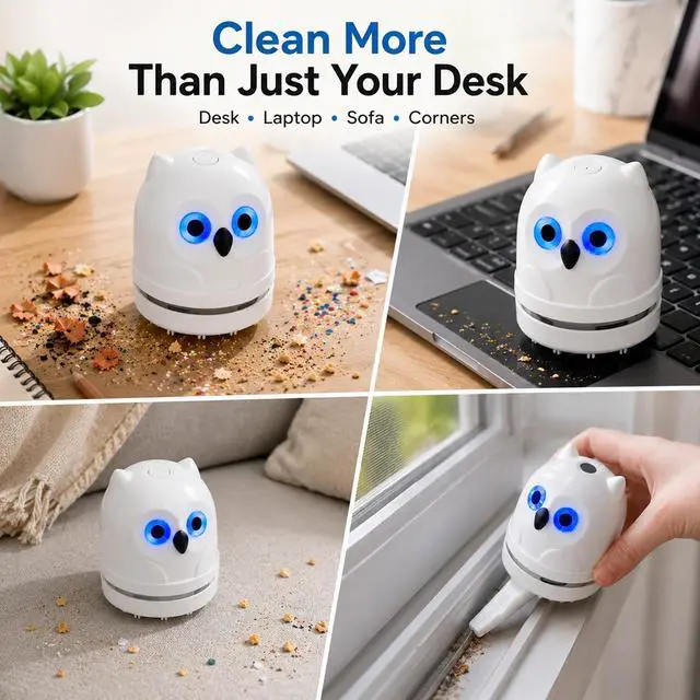 Alt view image 5 of 7 - Mini Desktop Vacuum Cleaner Owl Desk Vacuum Cleaner Cute Desk Vacuum Sweeper for Cleaning Eraser Waste, Crumbs, Hair, Paper Scraps on Computer Piano Keyboard Countertop Car