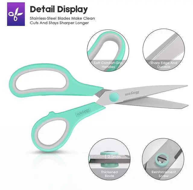 Alt view image 3 of 7 - Scissors, 8" All Purpose Scissors Bulk 3-Pack, Ultra Sharp 2.5mm Thick Blade Shears Comfort-Grip for Office Desk Accessories Sewing Fabric Home Craft Teacher School Supplies, Right/Left Handed