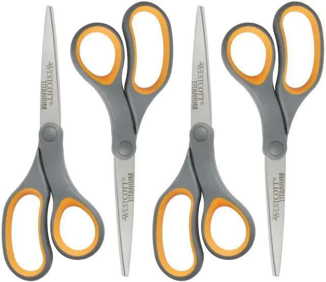 Main image of 8-Inch Titanium Bonded Straight Scissors, Soft Handle, Gray/Yellow, 4-Pack