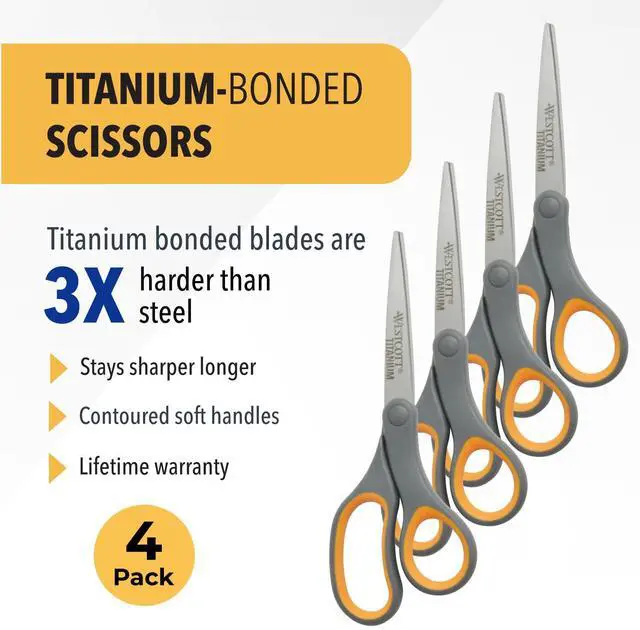 Alt view image 2 of 7 - 8-Inch Titanium Bonded Straight Scissors, Soft Handle, Gray/Yellow, 4-Pack