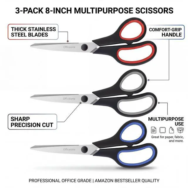 Alt view image 3 of 7 - 3-Pack Heavy Duty Scissors 8" Ultra Sharp Multipurpose Scissors with Comfort Grip Handles for Office, School, Home, Crafts & Sewing (3)