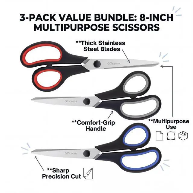 Alt view image 4 of 7 - 3-Pack Heavy Duty Scissors 8" Ultra Sharp Multipurpose Scissors with Comfort Grip Handles for Office, School, Home, Crafts & Sewing (3)