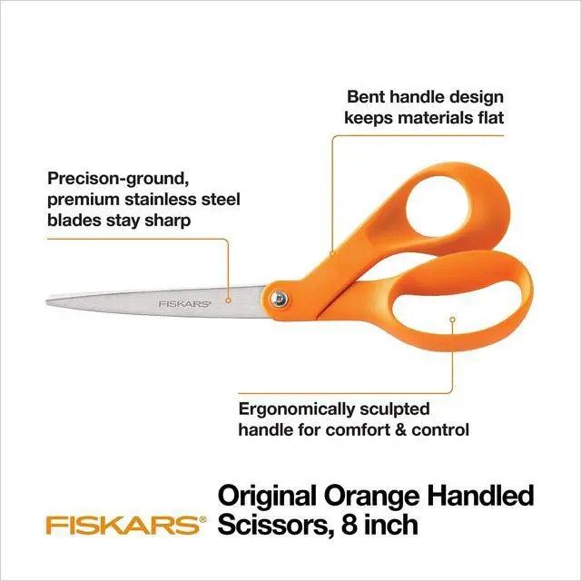 Alt view image 2 of 7 - 8" Original Orange-Handled Stainless Steel Scissors, Ergonomic and Keeps Material Flat, Sharp All-Purpose Paper and Fabric Scissors for Office, Arts, and Crafts