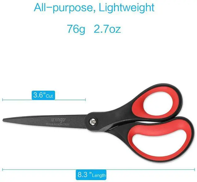Alt view image 2 of 6 - 2 Pack 8" Titanium Non-Stick Scissors, Professional Stainless Steel Comfort Grip, All-Purpose, Straight Office Craft Scissors for DIY(Red/Black)