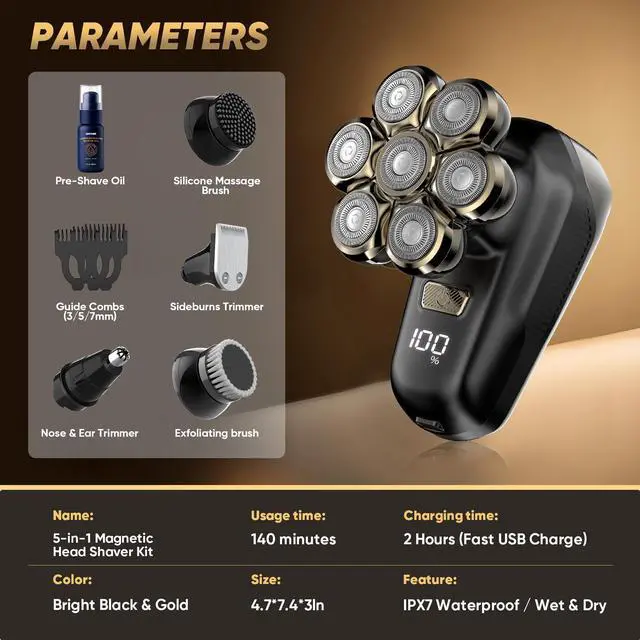 Alt view image 6 of 7 - Head Shavers for Bald Men, Electric Razor with 7D Magnetic Shaver Heads, Wet Dry Waterproof Bald Head Trimmer Kit for Women & Men, Nose Ear Hair Trimmer, USB Rechargeable Clippers, Bright Black