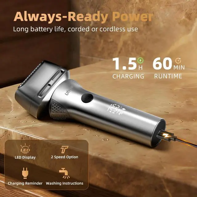Alt view image 6 of 7 - Foil Shaver with Pop-Up Trimmer, 8,500 RPM Electric Razor for Men, Wet & Dry Electric Shaver with 2 Speed Modes, LED Display, Rechargeable Cordless, IPX7 Waterproof, Silver